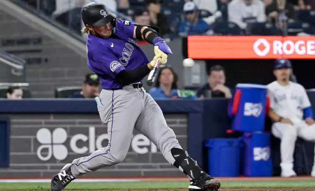 Colorado Rockies' Hunter Goodman hits a single in fifth-inning baseball game action against the Toronto Blue Jays in Toronto, Monday, March 30, 2026. (Jon Blacker/The Canadian Press via AP)