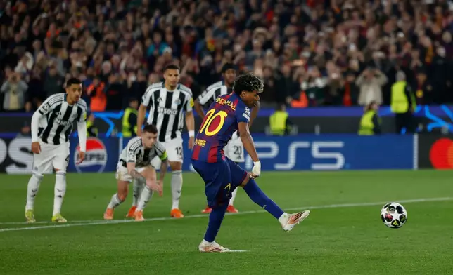 Barcelona's Lamine Yamal scores a penalty, his side's third goal during the Champions League round of 16, second leg soccer match between FC Barcelona and Newcastle United FC in Barcelona, Spain, Wednesday, March 18, 2026. (AP Photo/Joan Monfort)