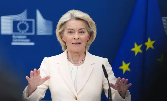 European Commission President Ursula von der Leyen speaks during a media conference at EU headquarters in Brussels, Belgium, Monday, March 2, 2026. (AP Photo/Virginia Mayo)