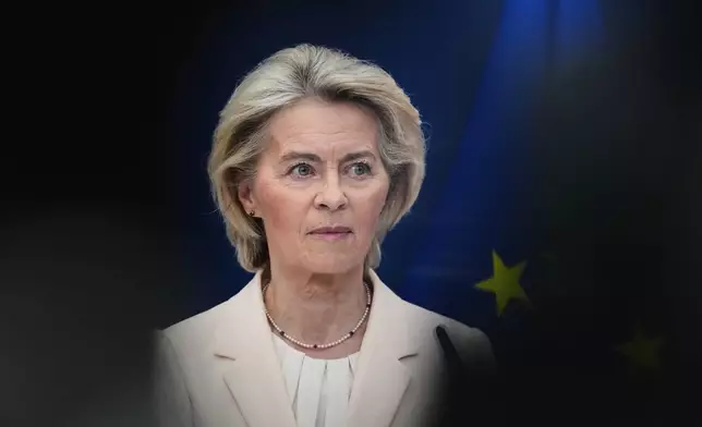 European Commission President Ursula von der Leyen speaks during a media conference at EU headquarters in Brussels, Belgium, Monday, March 2, 2026. (AP Photo/Virginia Mayo)
