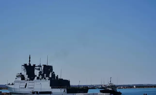 The German UNIFIL ship FGS Nordrhein-Westfalen is docked at the port of Limassol, Cyprus, Sunday, March 8, 2026. (AP Photo/Petros Karadjias)