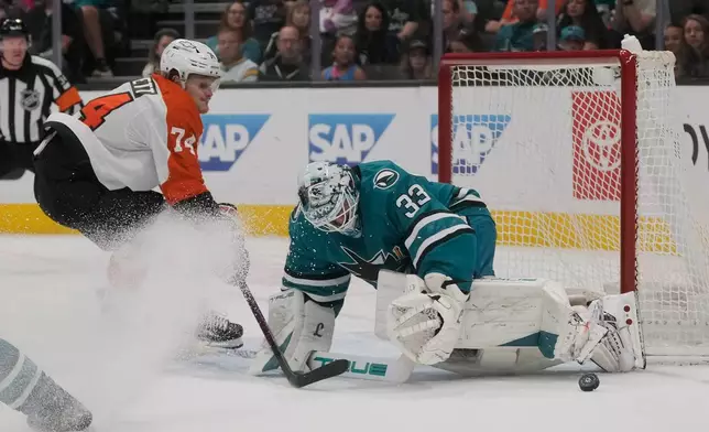 San Jose Sharks goaltender Alex Nedeljkovic (33) defends against a shot by Philadelphia Flyers right wing Owen Tippett (74) during the second period of an NHL hockey game in San Jose, Calif., Saturday, March 21, 2026. (AP Photo/Jeff Chiu)