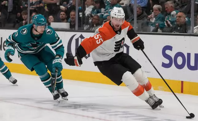 Philadelphia Flyers defenseman Rasmus Ristolainen (55) skates with the puck against San Jose Sharks defenseman John Klingberg (3) during the second period of an NHL hockey game in San Jose, Calif., Saturday, March 21, 2026. (AP Photo/Jeff Chiu)