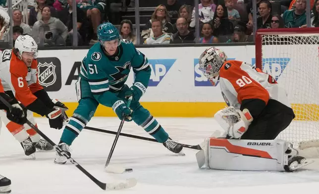 San Jose Sharks right wing Collin Graf (51) skates with the puck against Philadelphia Flyers defenseman Travis Sanheim (6) and goaltender Dan Vladar (80) during the first period of an NHL hockey game in San Jose, Calif., Saturday, March 21, 2026. (AP Photo/Jeff Chiu)
