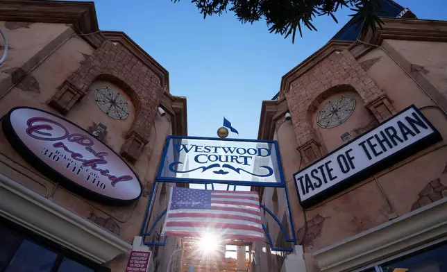 The area commonly known as "Little Tehran" or "Tehrangeles" is seen at the Westwood Court along Westwood Boulevard, the heart of the largest Iranian diaspora community in the United States, in Los Angeles, Monday, March 2, 2026. (AP Photo/Damian Dovarganes)