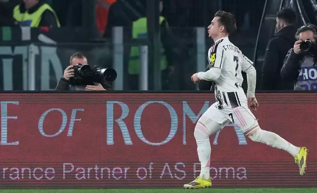 Juventus's Francisco Conceicao celebrates scoring during the Serie A soccer match between AS Roma and Juventus FC in Rome, Italy, Sunday March 1, 2026. (Alfredo Falcone/LaPresse via AP)