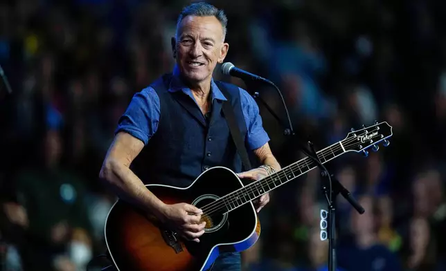 FILE - Bruce Springsteen performs at a campaign rally supporting Democratic presidential nominee Vice President Kamala Harris, Oct. 28, 2024, in Philadelphia. (AP Photo/Matt Rourke, File)