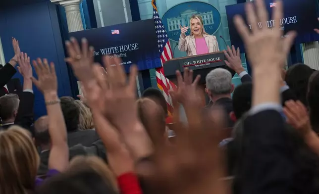White House press secretary Karoline Leavitt speaks with reporters in the James Brady Press Briefing Room at the White House, Tuesday, March 10, 2026, in Washington. (AP Photo/Julia Demaree Nikhinson)