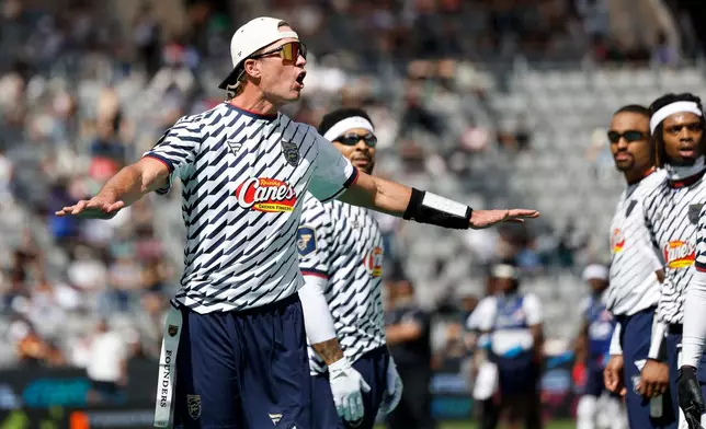 Founders FFC's Tom Brady reacts to a call made by the referee against the U.S. National Flag team during the Fanatics Flag Football Classic, Saturday, March 21, 2026, in Los Angeles. (AP Photo/Caroline Brehman)