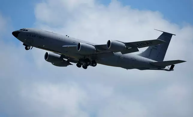 FILE - A U.S. Air Force KC-135 Stratotanker refueling tanker aircraft takes off from the Kadena Air Base airfield in Kadena town, west of Okinawa, southern Japan, Wednesday, Aug. 30, 2023. (AP Photo/Hiro Komae, File)