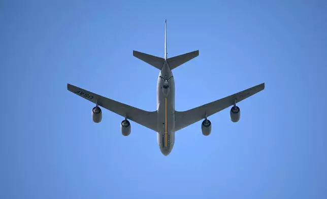 FILE - A U.S. Air Force KC-135 Stratotanker aerial refueling aircraft performs a flyover during the national anthem before an NCAA college football game between Central Florida and Georgia Tech, Sept. 24, 2022, in Orlando, Fla. (AP Photo/Phelan M. Ebenhack, File)