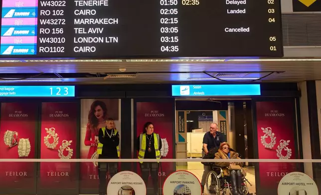 A display in the arrivals terminal of the Henri Coanda International Airport shows cancelled flights originating in Middle East countries, in Otopeni, Romania, Tuesday, March 3, 2026. (AP Photo/Vadim Ghirda)