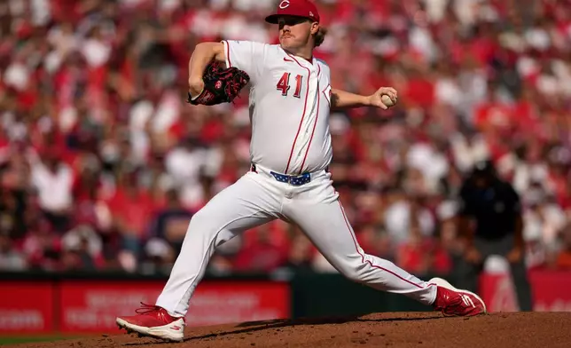 Cincinnati Reds pitcher Andrew Abbott throws during the second inning of an opening-day baseball game against the Boston Red Sox in Cincinnati, Thursday, March 26, 2026. (AP Photo/Carolyn Kaster)