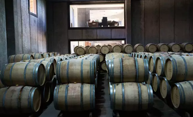 An employee works in an office above the barrel room at Cuvelier Los Andes winery in Vista Flores, Mendoza province, Argentina, Monday, March 9, 2026. (AP Photo/Rodrigo Abd)
