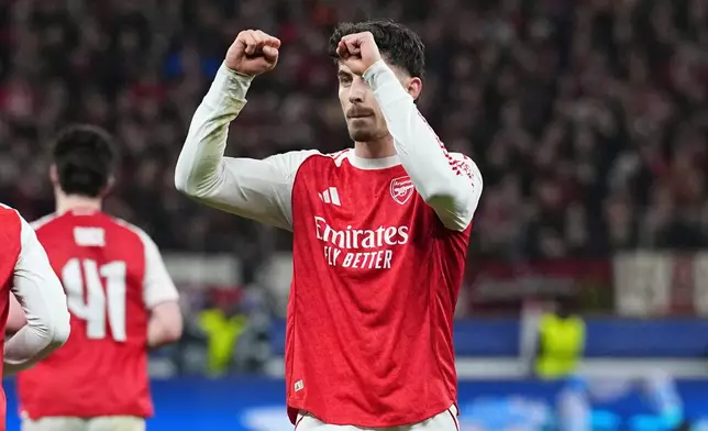 Arsenal's Kai Havertz reacts after scoring a penalty, his side's first goal, during the Champions League round of 16 first leg soccer match between Bayer Leverkusen and Arsenal FC in Leverkusen, Germany, Wednesday, March 11, 2026. (AP Photo/Martin Meissner)