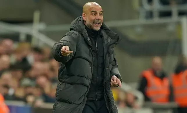 Manchester City's head coach Pep Guardiola gives instructions during the fifth round FA Cup soccer match between Newcastle and Manchester City in Newcastle, England, Saturday, March 7, 2026. (AP Photo/Ian Hodgson)