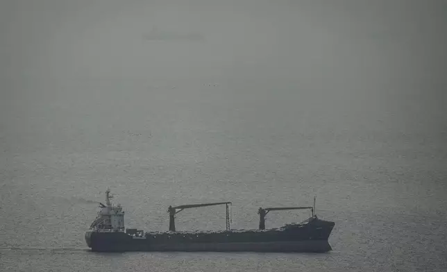 A cargo ship carrying vehicles sails through the Arabian Gulf toward the Strait of Hormuz in the United Arab Emirates, Sunday, March 22, 2026. (AP Photo)