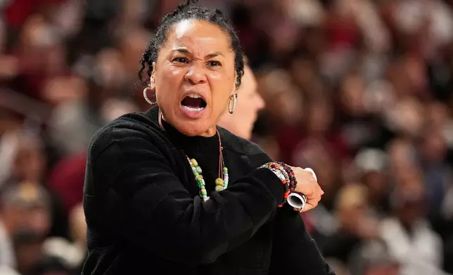 South Carolina head coach Dawn Staley reacts during the second half of an NCAA college basketball game against Texas in the final of the Southeastern Conference tournament, Sunday, March 8, 2026, in Greenville, S.C. (AP Photo/Chris Carlson)