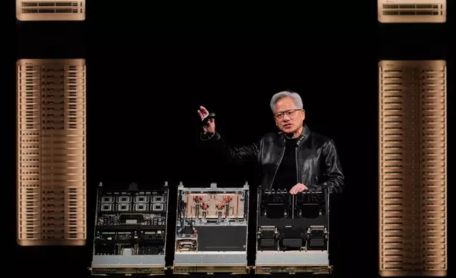 Nvidia CEO Jensen Huang speaks during an Nvidia conference focusing on artificial intelligence in San Jose, Calif., Monday, March 16, 2026. (AP Photo/Godofredo A. Vásquez)