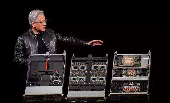 Nvidia CEO Jensen Huang speaks during an Nvidia conference focusing on artificial intelligence in San Jose, Calif., Monday, March 16, 2026. (AP Photo/Godofredo A. Vásquez)