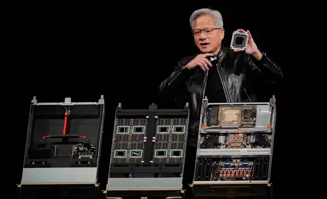 Nvidia CEO Jensen Huang speaks about the Vera Rubin system during an Nvidia conference focusing on artificial intelligence in San Jose, Calif., Monday, March 16, 2026. (AP Photo/Godofredo A. Vásquez)
