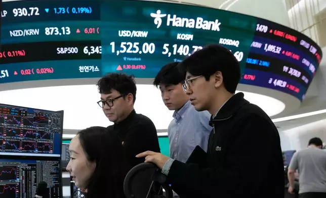 Currency traders watch monitors near a screen showing the Korea Composite Stock Price Index (KOSPI), top center, and the foreign exchange rate between U.S. dollar and South Korean won, top center left, at the foreign exchange dealing room of the Hana Bank headquarters in Seoul, South Korea, Tuesday, March 31, 2026. (AP Photo/Ahn Young-joon)