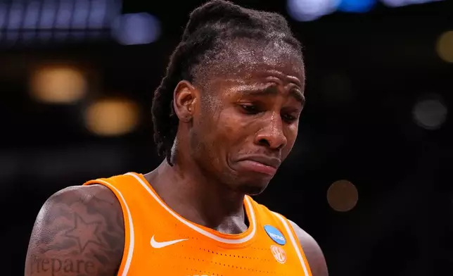 Tennessee's Felix Okpara heads to the bench during the second half in the Elite Eight of the NCAA college basketball tournament against Michigan, Sunday, March 29, 2026, in Chicago. (AP Photo/Nam Y. Huh)