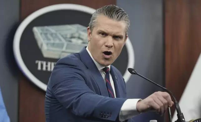 Defense Secretary Pete Hegseth speaks during a press briefing at the Pentagon, Monday, March 2, 2026, in Washington. (AP Photo/Mark Schiefelbein)