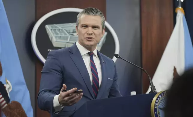 Defense Secretary Pete Hegseth speaks during a press briefing at the Pentagon, Monday, March 2, 2026, in Washington. (AP Photo/Mark Schiefelbein)
