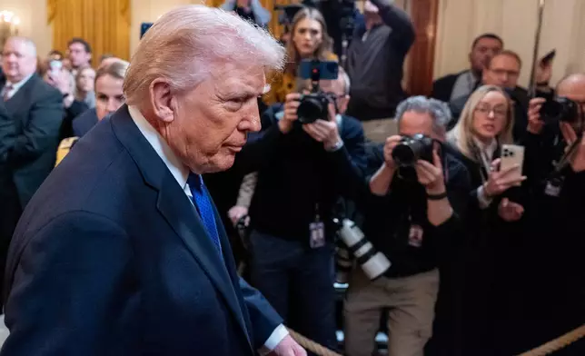 President Donald Trump departs after a Medal of Honor ceremony in the East Room of the White House, Monday, March 2, 2026, in Washington. (AP Photo/Alex Brandon)