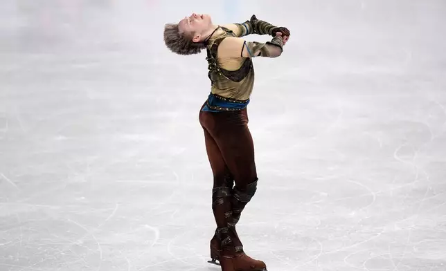 Ilia Malinin from the United States competes during the men's short program at the Figure Skating World Championships in Prague, Czech Republic, Thursday, March 26, 2026. (AP Photo/Petr David Josek)