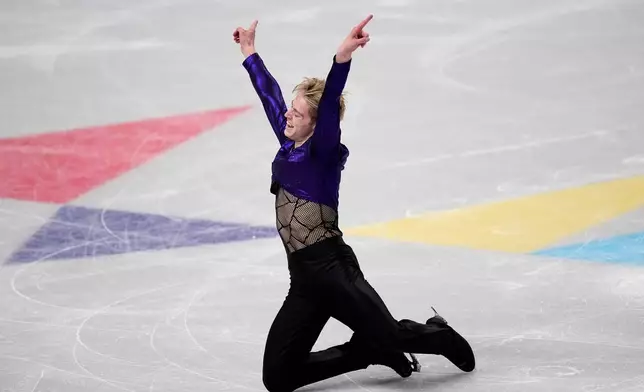 Aleksandr Selevko from Estonia competes during the men's short program at the Figure Skating World Championships in Prague, Czech Republic, Thursday, March 26, 2026. (AP Photo/Petr David Josek)
