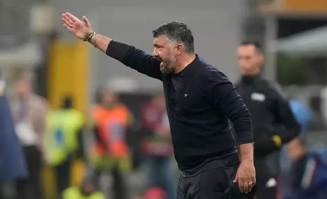 FILE -Italy's head coach Gennaro Gattuso gestures during the 2026 World Cup Group I qualifier soccer match between Italy and Norway in Milan, Italy, Nov. 16, 2025. (AP Photo/Luca Bruno, File)