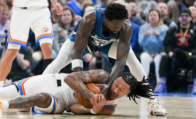 Oklahoma City Thunder forward Jaylin Williams, bottom, keeps the ball away from Minnesota Timberwolves forward Julius Randle, top, during the first half of an NBA basketball game, Sunday, March 15, 2026, in Oklahoma City. (AP Photo/Kyle Phillips)