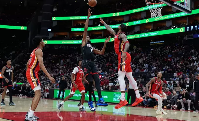 Houston Rockets forward Kevin Durant (7) shoots during the second half of an NBA basketball game against the New Orleans Pelicans in Houston, Friday, March 13, 2026. (AP Photo/Ashley Landis)