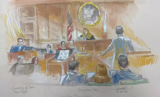 In this courtroom sketch Secretary of State Marco Rubio testifies during the trial of former Florida congressman David Rivera in District Court Judge Melissa Damian's courtroom, Tuesday, March 24, 2026, in Miami. (Lothar Speer via AP)