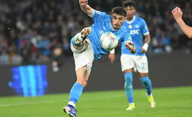 Napoli's Eljif Elmas scores their second goal during the Serie A soccer match between Napoli and Torino in Naples, Italy, Friday March 6, 2026. (Alfredo Falcone/LaPresse via AP)