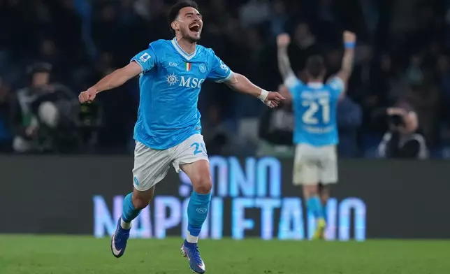 Napoli's Eljif Elmas celebrates after scoring during the Serie A soccer match between Napoli and Torino in Naples, Italy, Friday March 6, 2026. (Alfredo Falcone/LaPresse via AP)