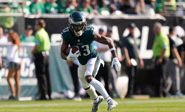 FILE - Philadelphia Eagles' Jahan Dotson plays during an NFL football game, Sunday, Oct. 13, 2024, in Philadelphia. (AP Photo/Matt Slocum, File)