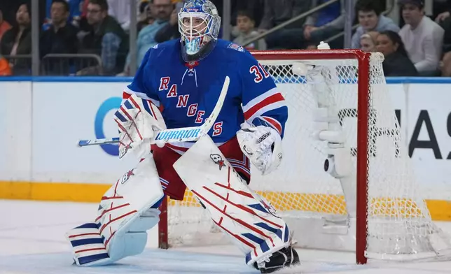 New York Rangers goaltender Igor Shesterkin (31) protects the net during the second period of an NHL hockey game against the Pittsburgh Penguins Saturday, Feb. 28, 2026, in New York. (AP Photo/Frank Franklin II)
