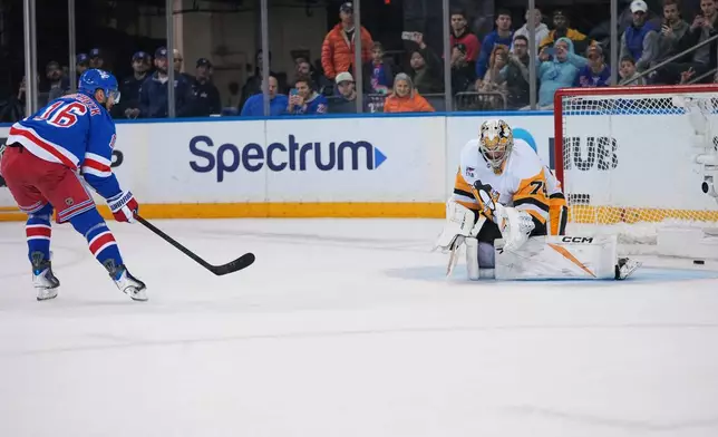 New York Rangers center Vincent Trocheck (16) shoots the puck past Pittsburgh Penguins goaltender Stuart Skinner (74) during a shootout in an NHL hockey game Saturday, Feb. 28, 2026, in New York. (AP Photo/Frank Franklin II)