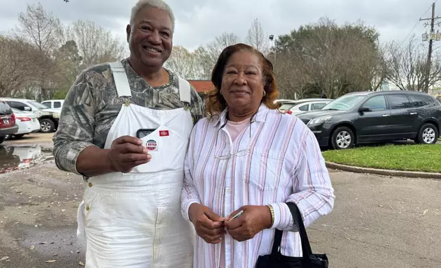 George B. Jones, left, and Jessie Ree Jones pose for a portrait after casting their votes in Mississippi's Democratic primary on Tuesday, March 10, 2026, in Jackson, Miss. (AP Photo/Sophie Bates)