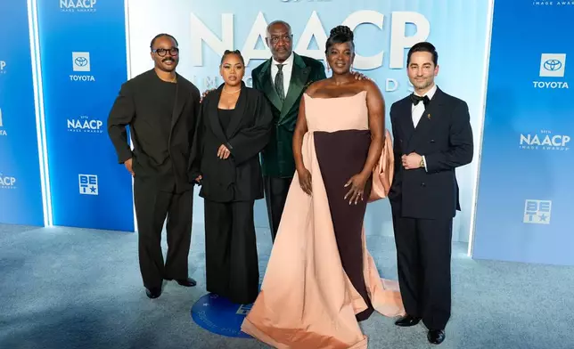 Ryan Coogler, from left, Zinzi Coogler, Delroy Lindo, Wunmi Mosaku, and Sev Ohanian arrive at the 57th NAACP Image Awards on Saturday, Feb. 28, 2026, in Pasadena, Calif. (AP Photo/Chris Pizzello)