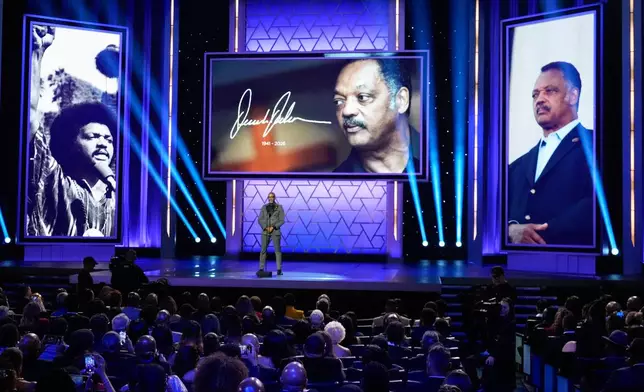 President of the NAACP Derrick Johnson speaks about Rev. Jesse Jackson during the 57th NAACP Image Awards on Saturday, Feb. 28, 2026, in Pasadena, Calif. (AP Photo/Chris Pizzello)