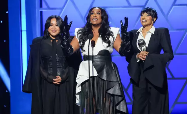 Cheryl "Salt" James, from left, Deidra "Spinderella" Roper, and Sandra "Pepa" Denton of 'Salt-N-Pepa' accept the Hall of Fame award during the 57th NAACP Image Awards on Saturday, Feb. 28, 2026, in Pasadena, Calif. (AP Photo/Chris Pizzello)