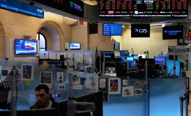 Traders work on the floor at the New York Stock Exchange in New York, Friday, March 6, 2026. (AP Photo/Seth Wenig)