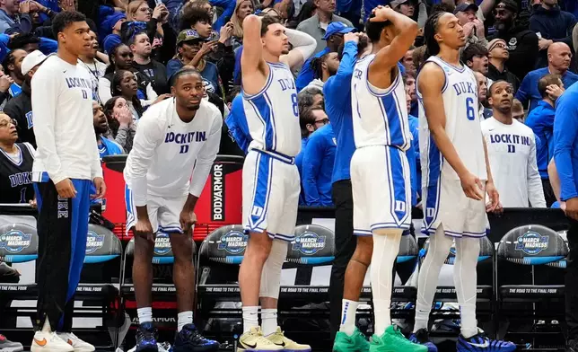 Duke players react to their loss against UConn in the Elite Eight of the NCAA college basketball tournament, Sunday, March 29, 2026, in Washington. (AP Photo/Abbie Parr)