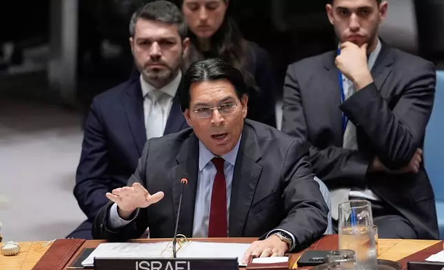 Israel Ambassador to the United Nations Danny Danon speaks during a meeting of the Security Council at U.N. headquarters, Wednesday, March 11, 2026. (AP Photo/Seth Wenig)