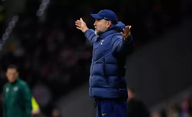 Tottenham's head coach Igor Tudor reacts during the first leg of the Champions League round of 16 soccer match between Atletico Madrid and Tottenham in Madrid, Spain, Tuesday, March 10, 2026. (AP Photo/Jose Breton)