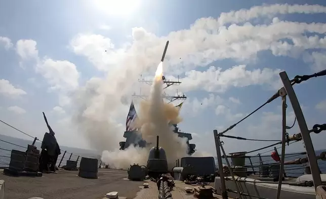 This image from video provided by U.S. Central Command shows a missile being launched from a U.S. Navy ship in support of Operation Epic Fury on Saturday, Feb. 28, 2026. (U.S. Central Command via AP)